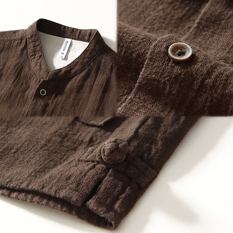 Buddha Stones Fall Solid Long Sleeve Buttons Men's Ramie Cotton Shirt With Pockets - image 16