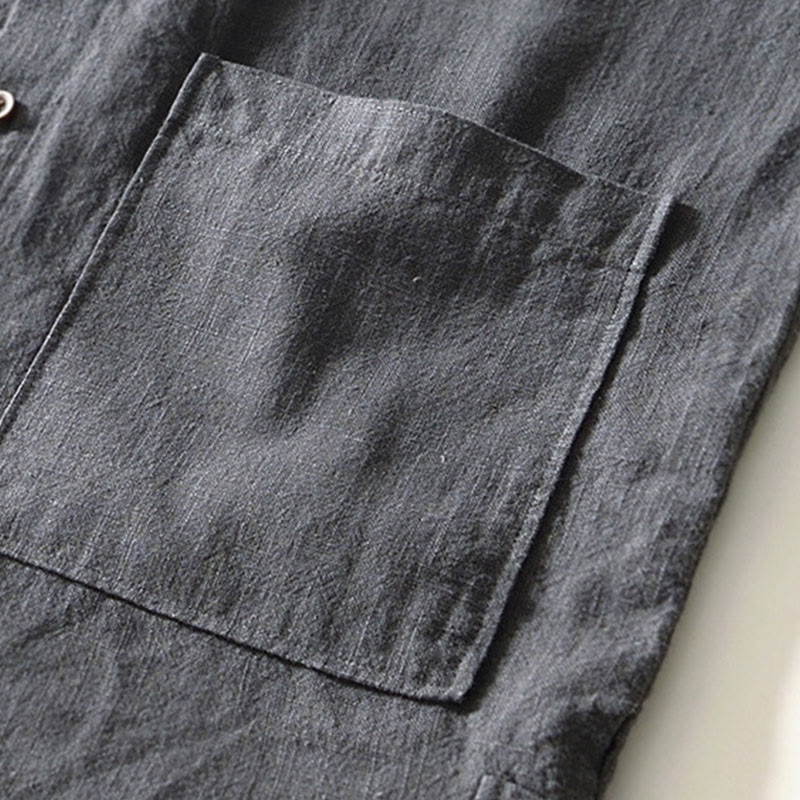 Buddha Stones Fall Solid Long Sleeve Buttons Men's Ramie Cotton Shirt With Pockets - image 21