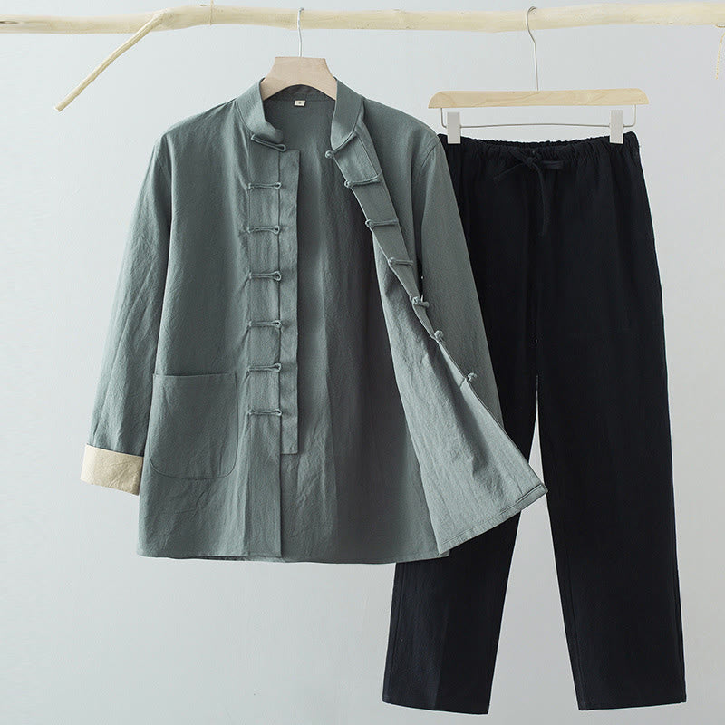 Buddha Stones 2Pcs Tang Suit Men's Frog-Button Cotton Long Sleeve Shirt Pants Set With Pockets - CadetBlue Shirt+Black Pants - US/UK/AU44，EU54 (4XL) - image 0