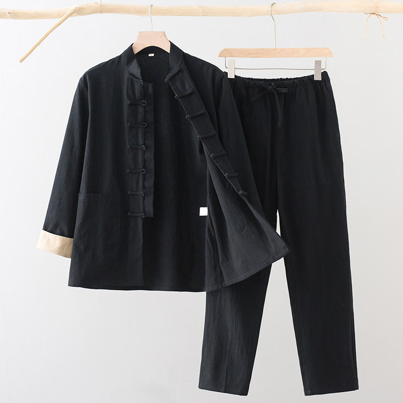 Buddha Stones 2Pcs Tang Suit Men's Frog-Button Cotton Long Sleeve Shirt Pants Set With Pockets - Black - US/UK/AU44，EU54 (4XL) - image 1