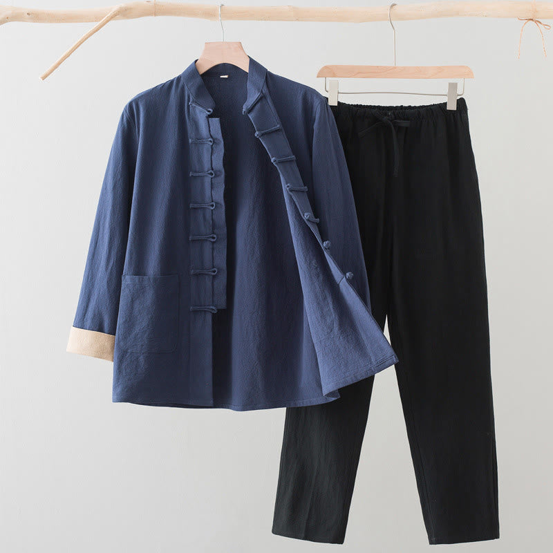 Buddha Stones 2Pcs Tang Suit Men's Frog-Button Cotton Long Sleeve Shirt Pants Set With Pockets - SteelBlue Shirt+Black Pants - US/UK/AU44，EU54 (4XL) - image 4