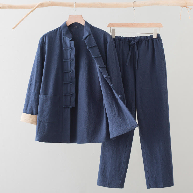 Buddha Stones 2Pcs Tang Suit Men's Frog-Button Cotton Long Sleeve Shirt Pants Set With Pockets - SteelBlue - US/UK/AU44，EU54 (4XL) - image 13