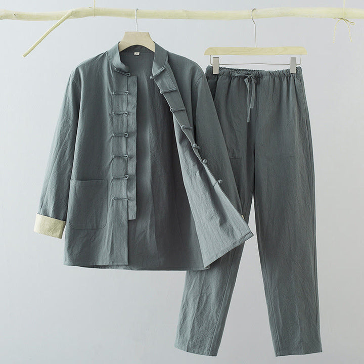 Buddha Stones 2Pcs Tang Suit Men's Frog-Button Cotton Long Sleeve Shirt Pants Set With Pockets - CadetBlue - US/UK/AU44，EU54 (4XL) - image 14