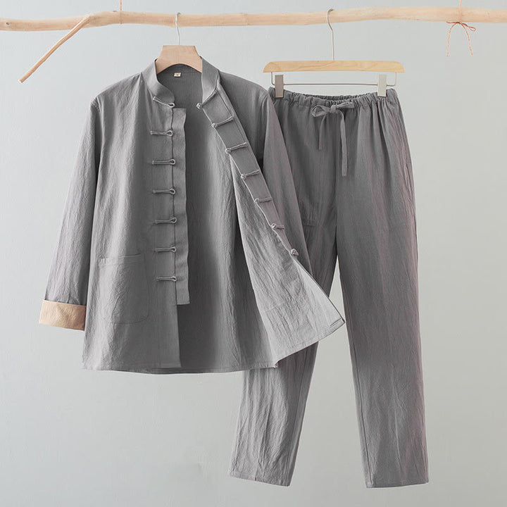 Buddha Stones 2Pcs Tang Suit Men's Frog-Button Cotton Long Sleeve Shirt Pants Set With Pockets - LightGrey - US/UK/AU44，EU54 (4XL) - image 15