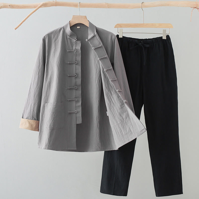 Buddha Stones 2Pcs Tang Suit Men's Frog-Button Cotton Long Sleeve Shirt Pants Set With Pockets - LightGrey Shirt+Black Pants - US/UK/AU44，EU54 (4XL) - image 16