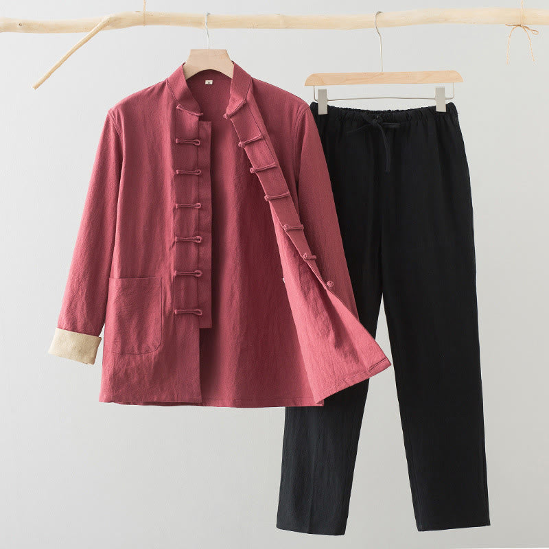 Buddha Stones 2Pcs Tang Suit Men's Frog-Button Cotton Long Sleeve Shirt Pants Set With Pockets - Salmon Shirt+Black Pants - US/UK/AU44，EU54 (4XL) - image 17