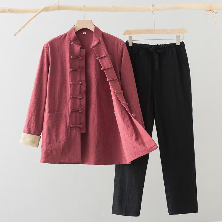 Buddha Stones 2Pcs Tang Suit Men's Frog-Button Cotton Long Sleeve Shirt Pants Set With Pockets - Salmon Shirt+Black Pants - US/UK/AU44，EU54 (4XL) - image 17