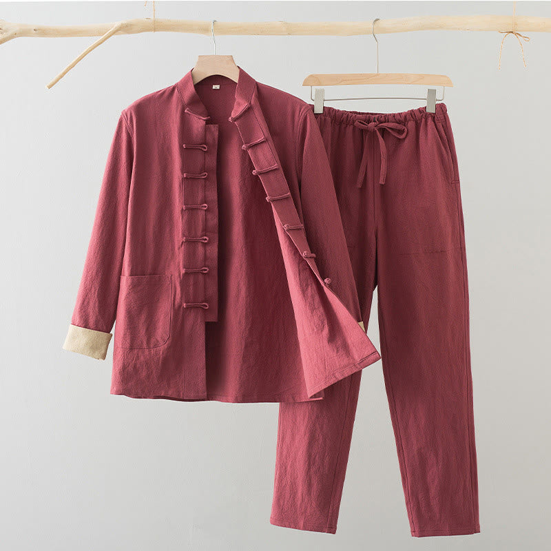 Buddha Stones 2Pcs Tang Suit Men's Frog-Button Cotton Long Sleeve Shirt Pants Set With Pockets - Salmon - US/UK/AU44，EU54 (4XL) - image 18