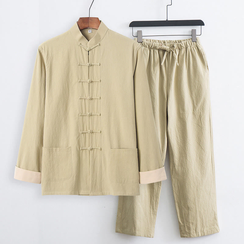 Buddha Stones 2Pcs Tang Suit Men's Frog-Button Cotton Long Sleeve Shirt Pants Set With Pockets - PaleGoldenrod - US/UK/AU44，EU54 (4XL) - image 19