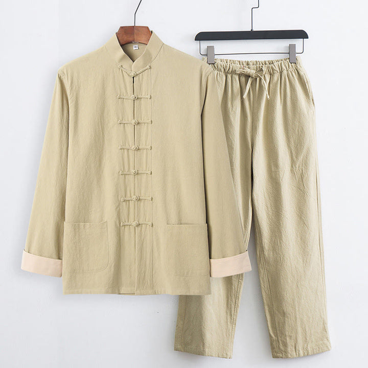 Buddha Stones 2Pcs Tang Suit Men's Frog-Button Cotton Long Sleeve Shirt Pants Set With Pockets - PaleGoldenrod - US/UK/AU44，EU54 (4XL) - image 19