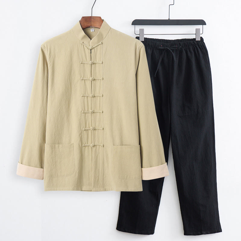 Buddha Stones 2Pcs Tang Suit Men's Frog-Button Cotton Long Sleeve Shirt Pants Set With Pockets - PaleGoldenrod Shirt+Black Pants - US/UK/AU44，EU54 (4XL) - image 20