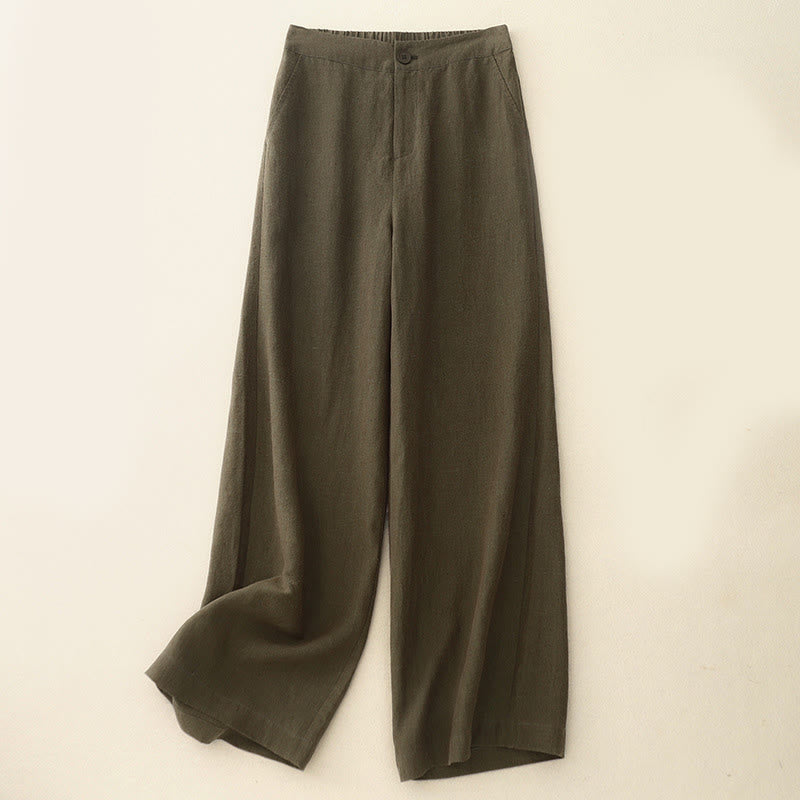Buddha Stones Casual Plain Women's Cotton Linen Elastic Waist  Wide Leg Pants With Pockets - Olive - US8-10，UK/AU12-14，EU40-42 (2XL) - image 1