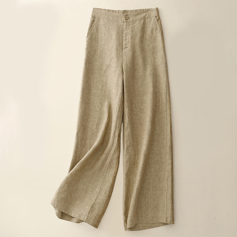 Buddha Stones Casual Plain Women's Cotton Linen Elastic Waist  Wide Leg Pants With Pockets - Wheat - US8-10，UK/AU12-14，EU40-42 (2XL) - image 5