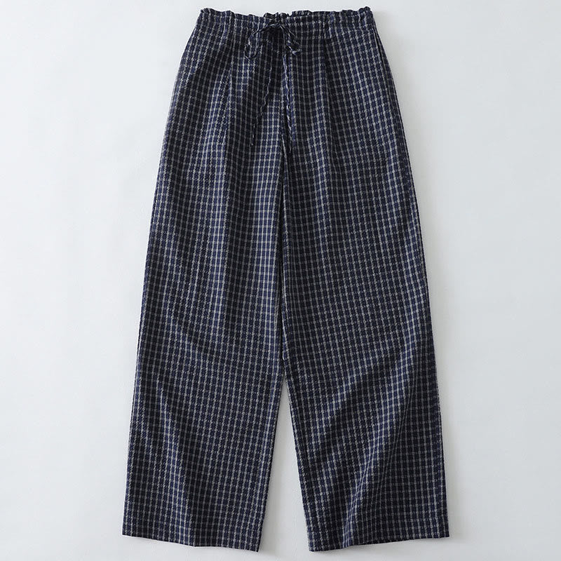 Buddha Stones Casual Plaid Pattern Women's Cotton Wide Leg Pants With Pockets - MidnightBlue - US8-10，UK/AU12-14，EU40-42 (2XL) - image 0