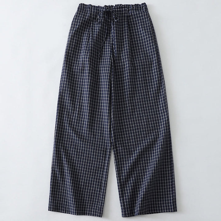 Buddha Stones Casual Plaid Pattern Women's Cotton Wide Leg Pants With Pockets - MidnightBlue - US8-10，UK/AU12-14，EU40-42 (2XL) - image 0