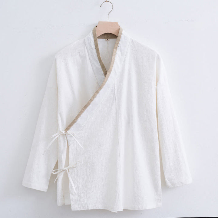 Buddha Stones Vintage Solid Long Sleeve Lace-up Design Cotton Linen Men's Shirt - White - US/UK/AU44，EU54 (4XL) - image 0