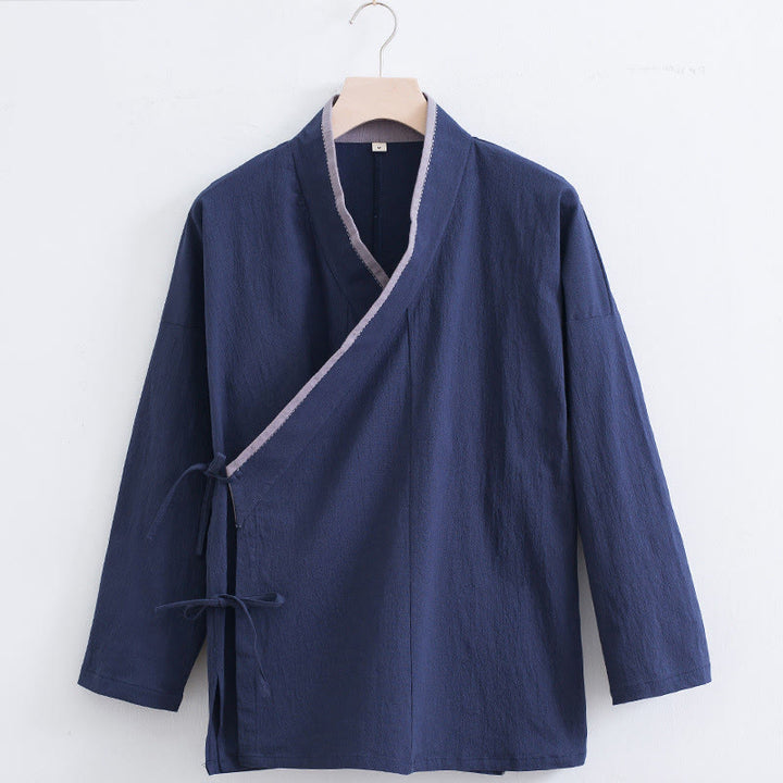 Buddha Stones Vintage Solid Long Sleeve Lace-up Design Cotton Linen Men's Shirt - SteelBlue - US/UK/AU44，EU54 (4XL) - image 10