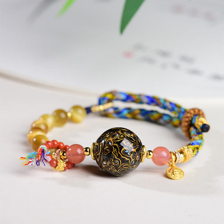 Buddha Stones Tibetan  Lacquer Bead Hand-woven Tiger Eye Stone Protection Bracelet - Lacquer Beadsm & Tiger Eye (Wrist Circumference: 15-25cm) - image 0