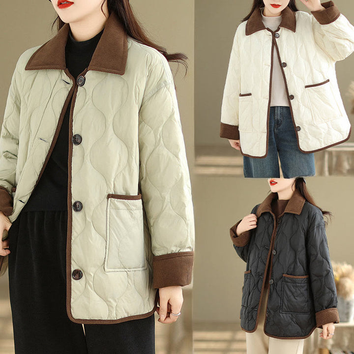 Buddha Stones Contrasting Color Lapel Women's Long Sleeve Cotton Jacket With Pockets - image 24