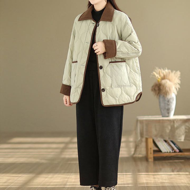 Buddha Stones Contrasting Color Lapel Women's Long Sleeve Cotton Jacket With Pockets - image 18