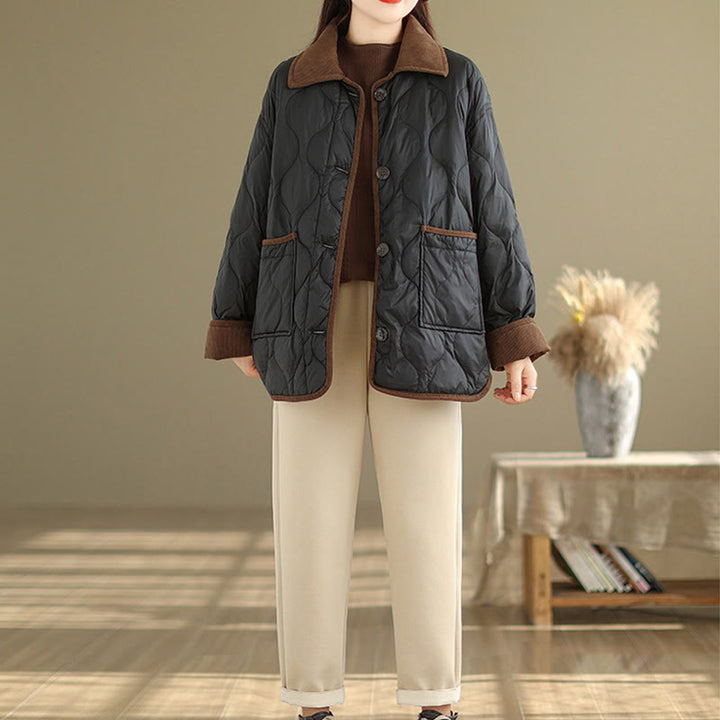 Buddha Stones Contrasting Color Lapel Women's Long Sleeve Cotton Jacket With Pockets - image 10