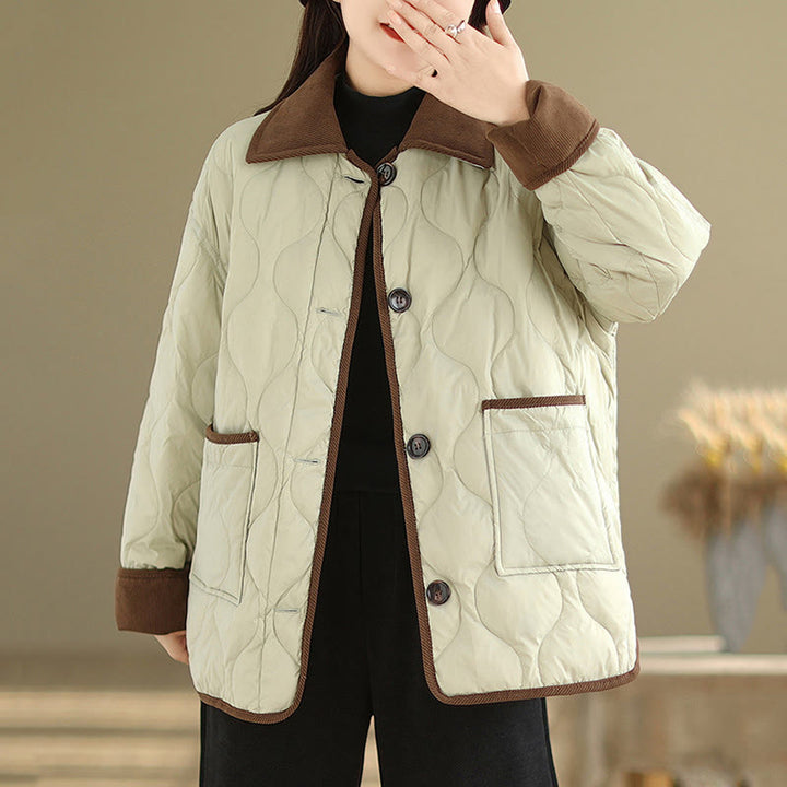 Buddha Stones Contrasting Color Lapel Women's Long Sleeve Cotton Jacket With Pockets - image 14
