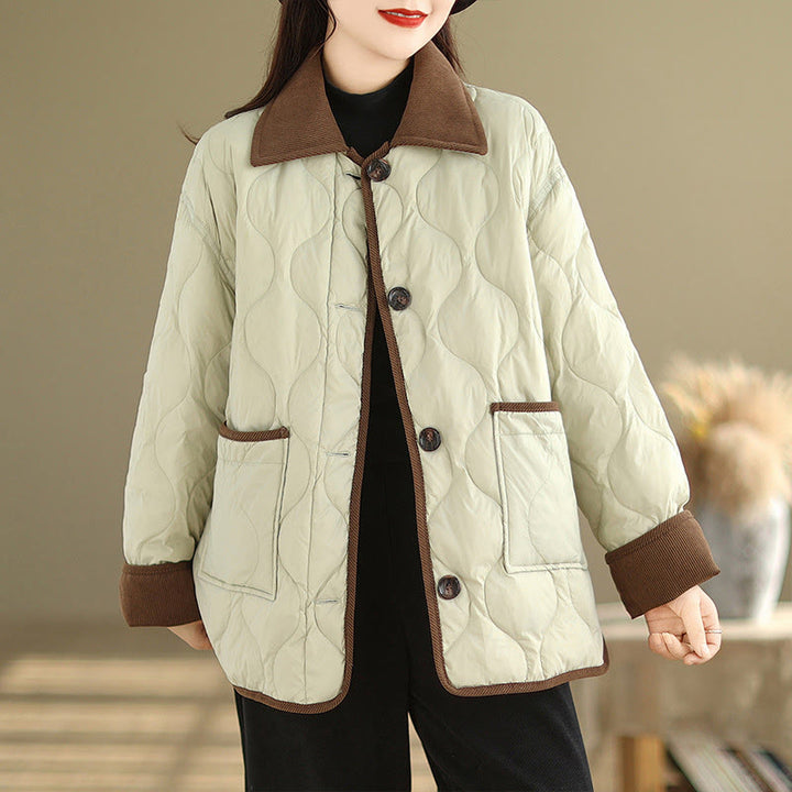 Buddha Stones Contrasting Color Lapel Women's Long Sleeve Cotton Jacket With Pockets - PaleGoldenrod - US14，UK/AU18，EU46 (2XL) - image 13