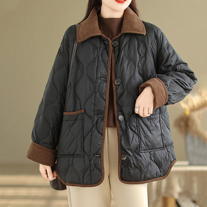 Buddha Stones Contrasting Color Lapel Women's Long Sleeve Cotton Jacket With Pockets - image 8