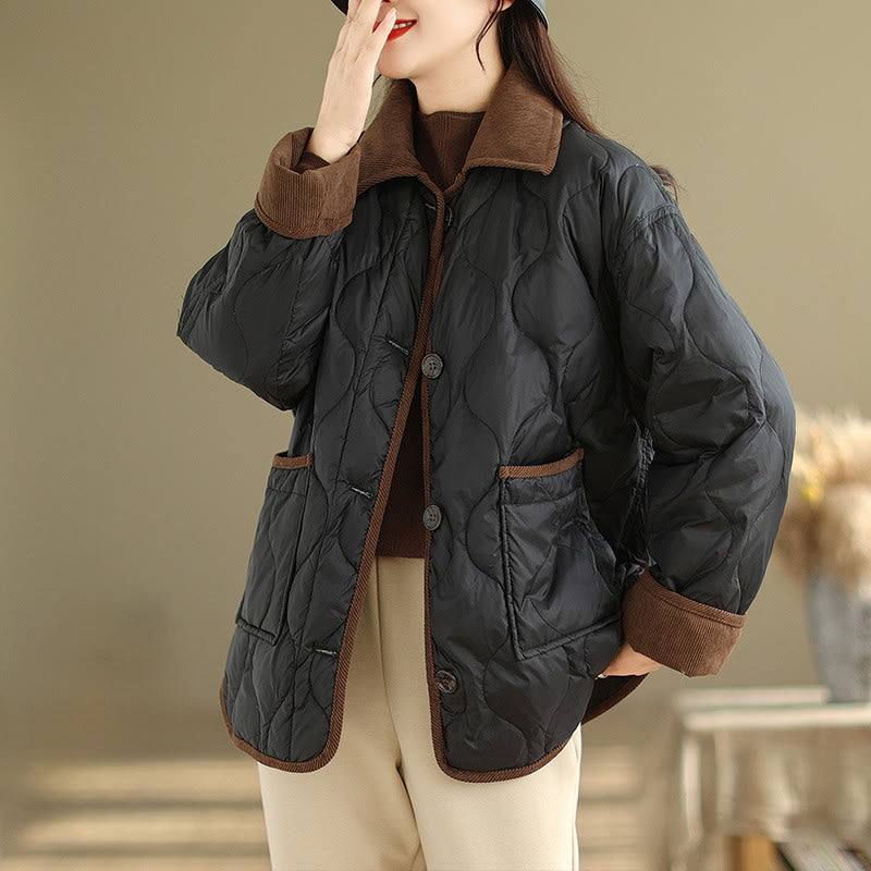 Buddha Stones Contrasting Color Lapel Women's Long Sleeve Cotton Jacket With Pockets - Black - US14，UK/AU18，EU46 (2XL) - image 5