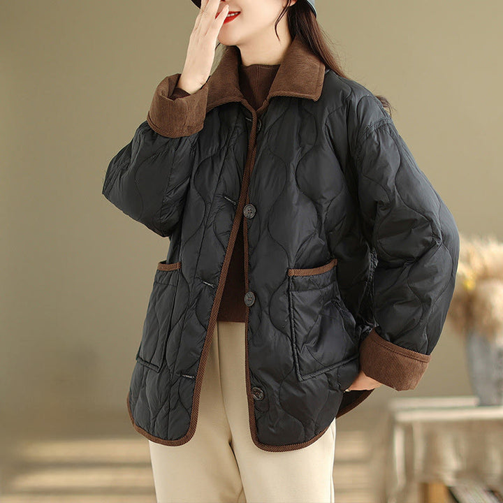 Buddha Stones Contrasting Color Lapel Women's Long Sleeve Cotton Jacket With Pockets - Black - US14，UK/AU18，EU46 (2XL) - image 5