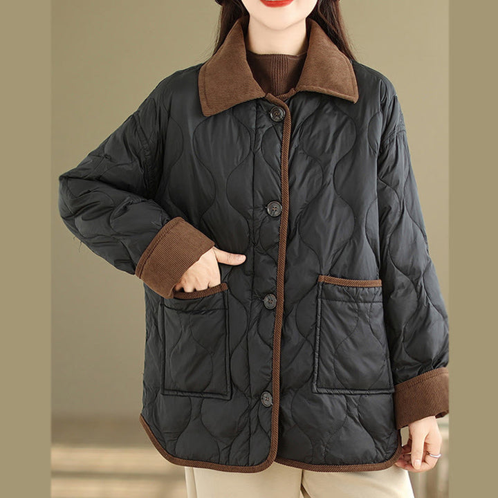 Buddha Stones Contrasting Color Lapel Women's Long Sleeve Cotton Jacket With Pockets - image 9