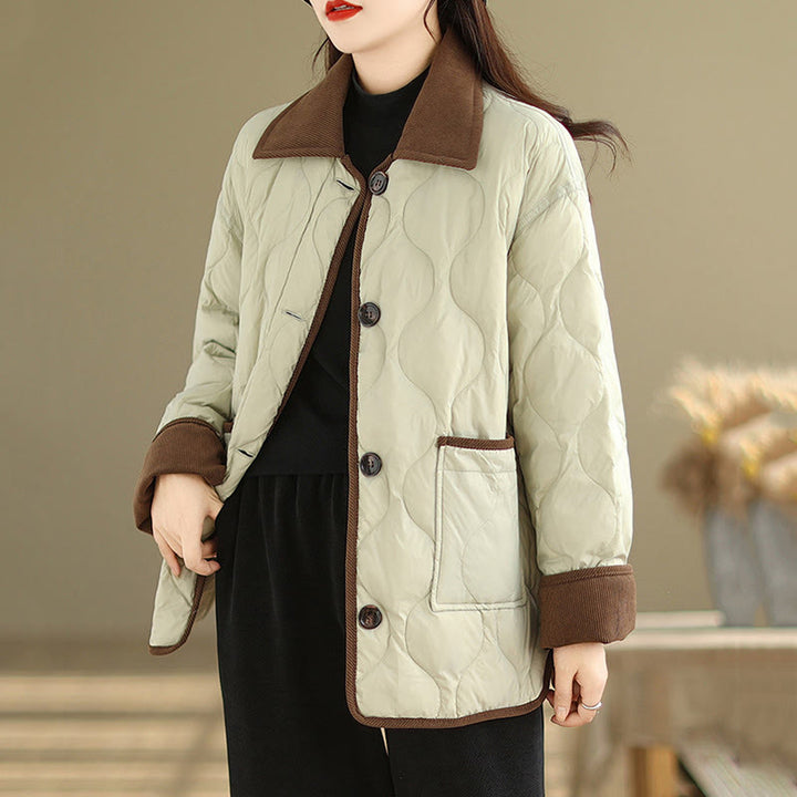 Buddha Stones Contrasting Color Lapel Women's Long Sleeve Cotton Jacket With Pockets - image 17