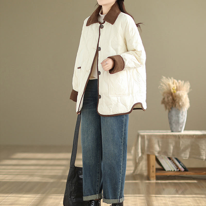 Buddha Stones Contrasting Color Lapel Women's Long Sleeve Cotton Jacket With Pockets - image 4