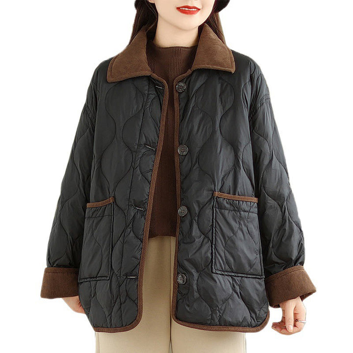 Buddha Stones Contrasting Color Lapel Women's Long Sleeve Cotton Jacket With Pockets - image 12