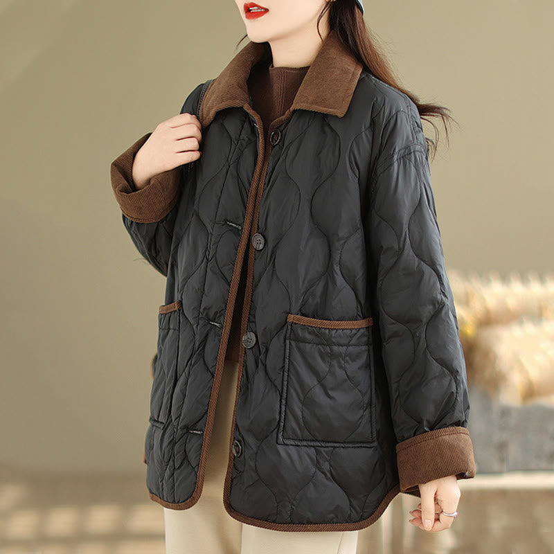 Buddha Stones Contrasting Color Lapel Women's Long Sleeve Cotton Jacket With Pockets - image 6