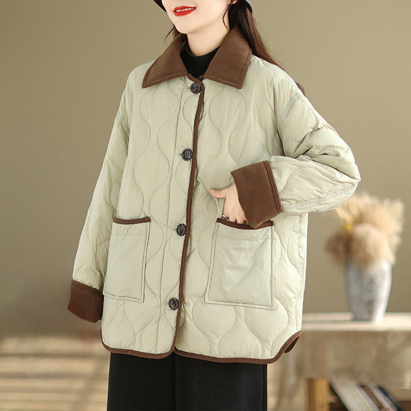 Buddha Stones Contrasting Color Lapel Women's Long Sleeve Cotton Jacket With Pockets - image 16