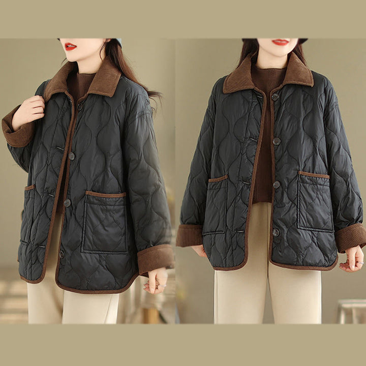 Buddha Stones Contrasting Color Lapel Women's Long Sleeve Cotton Jacket With Pockets - image 11