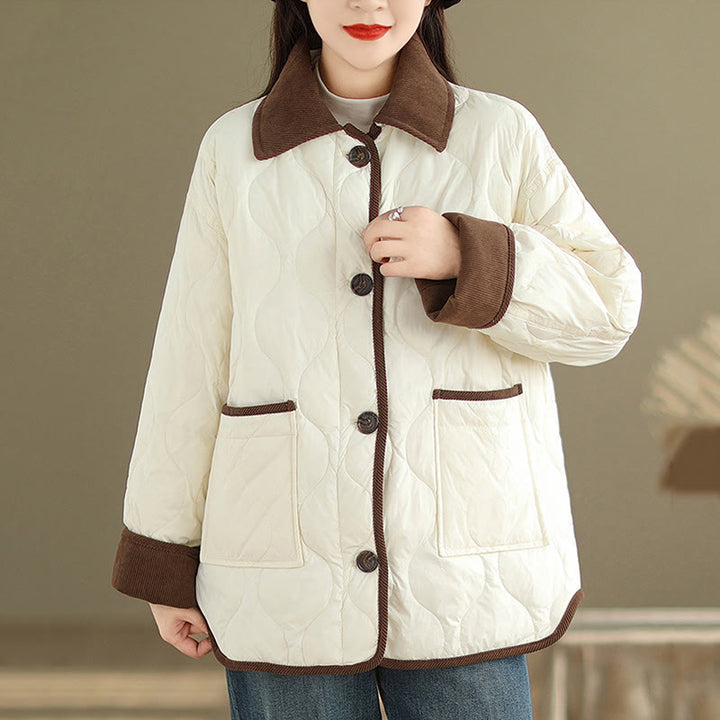 Buddha Stones Contrasting Color Lapel Women's Long Sleeve Cotton Jacket With Pockets - FloralWhite - US14，UK/AU18，EU46 (2XL) - image 0