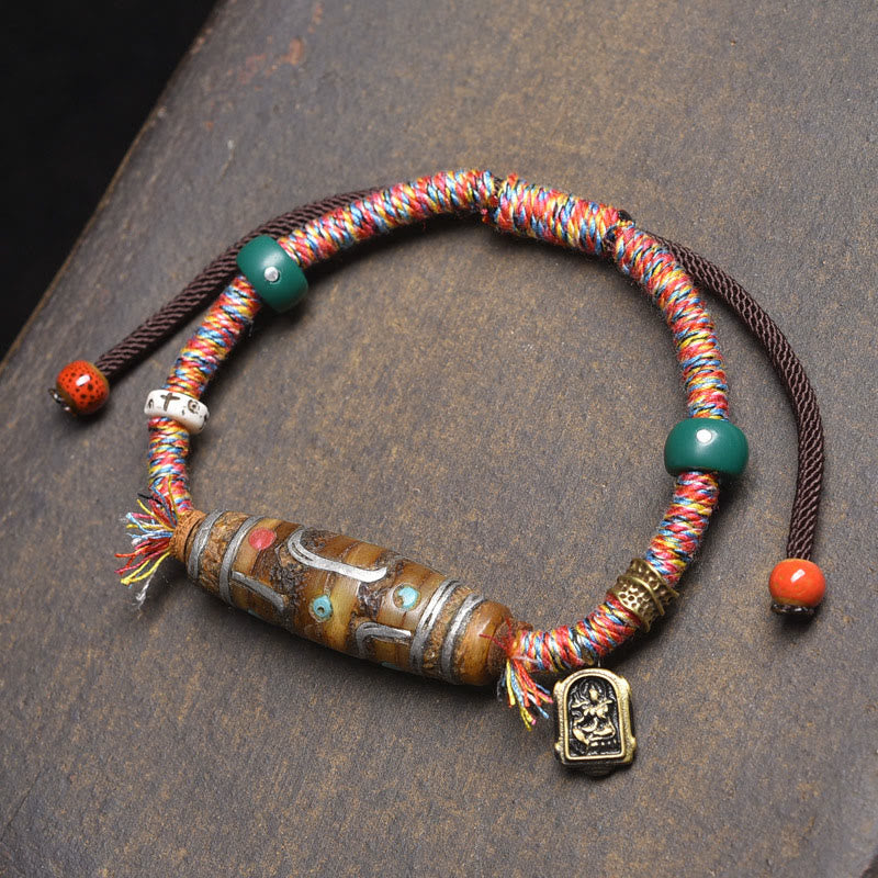 Buddha Stones Handcrafted Tibetan Nine-eye Dzi Bead Protection Rope Bracelet - Colored Ropes & Nine-Eye Dzi Bead (Wrist Circumference: 16-20cm) - image 0