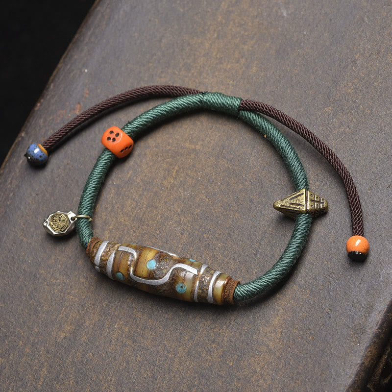 Buddha Stones Handcrafted Tibetan Nine-eye Dzi Bead Protection Rope Bracelet - Green Rope & Nine-Eye Dzi Bead (Wrist Circumference: 16-20cm) - image 7
