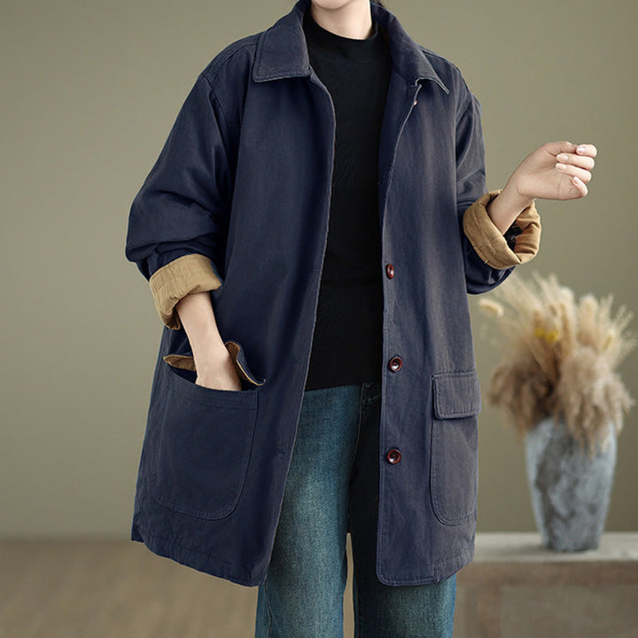 Buddha Stones Plain Lapel Buttons Design Women's Long Sleeve Quilted Cotton Jacket With Pockets - image 13