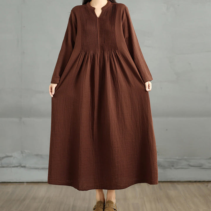 Buddha Stones Plain Long Sleeve Notched Collar Double-layer Cotton Midi Dress With Pockets - image 2