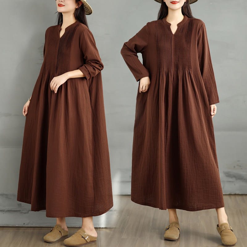 Buddha Stones Plain Long Sleeve Notched Collar Double-layer Cotton Midi Dress With Pockets - SaddleBrown - US4-8/10，UK/AU8-12/14，EU36-40/42(F) - image 0