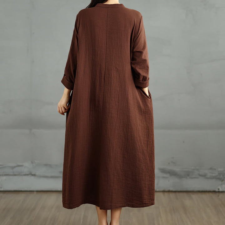 Buddha Stones Plain Long Sleeve Notched Collar Double-layer Cotton Midi Dress With Pockets - image 5
