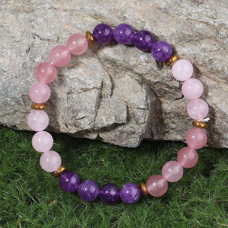 Buddha Stones Amethyst Strawberry Quartz Pink Crystal Beads Love Peace Bracelet - image 1
