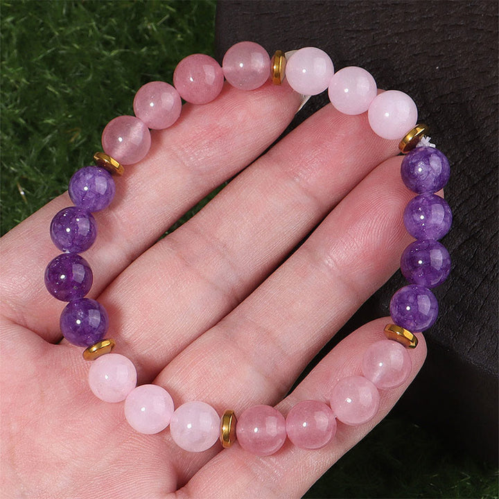 Buddha Stones Amethyst Strawberry Quartz Pink Crystal Beads Love Peace Bracelet - image 2