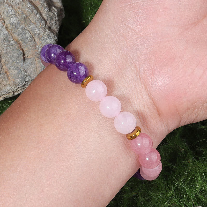 Buddha Stones Amethyst Strawberry Quartz Pink Crystal Beads Love Peace Bracelet - image 3