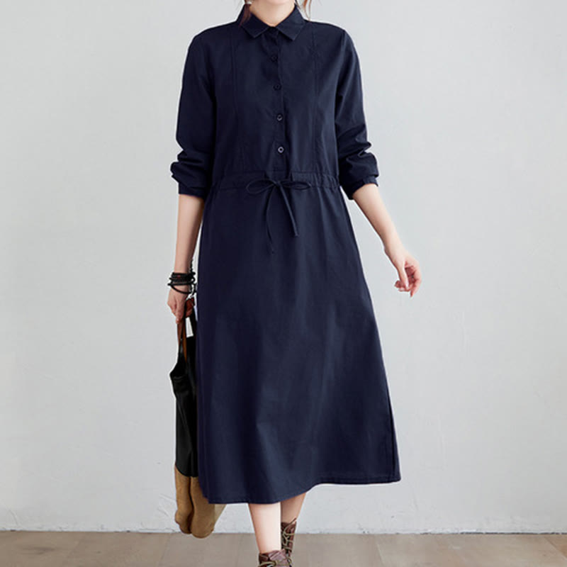 Buddha Stones Fall Solid Color Lace-Up Design Lapel Long Sleeve Cotton Midi Dress With Pockets - MidnightBlue - US8-10，UK/AU12-14，EU40-42 (2XL) - image 0