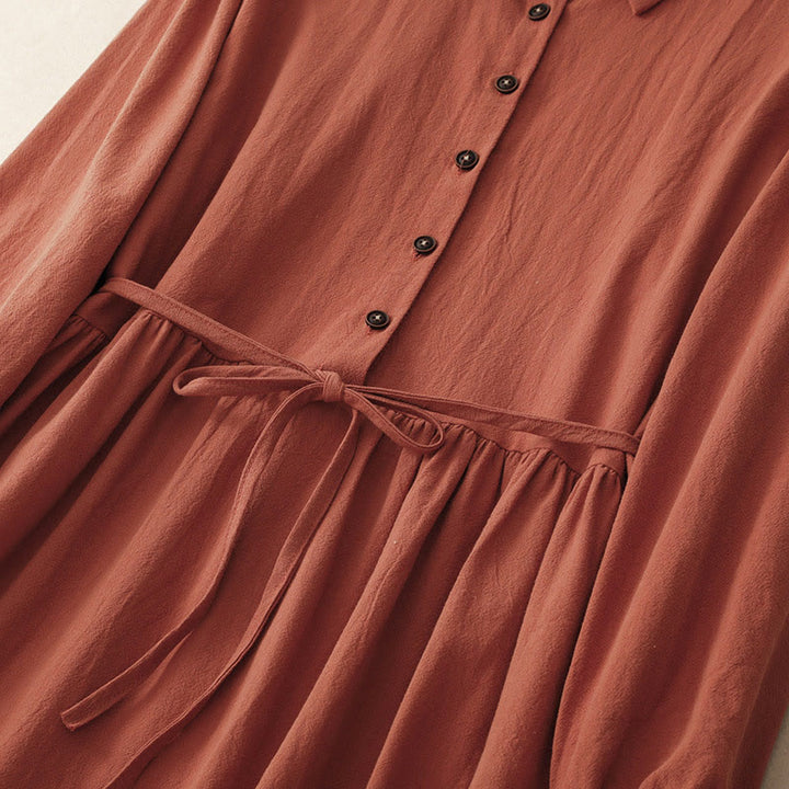 Buddha Stones Fall Lapel Buttons Lace-Up Design Cotton Long Sleeve Midi Dress With Pockets - image 3