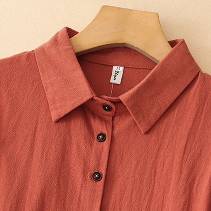 Buddha Stones Fall Lapel Buttons Lace-Up Design Cotton Long Sleeve Midi Dress With Pockets - image 2